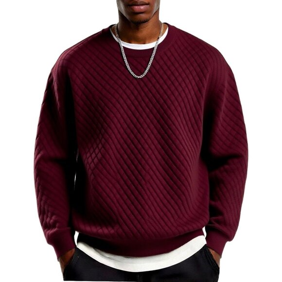 Coofandy Men Dark Red Crewneck Geometric Texture Long Sleeve Sweatshirt - Picture 1 of 5